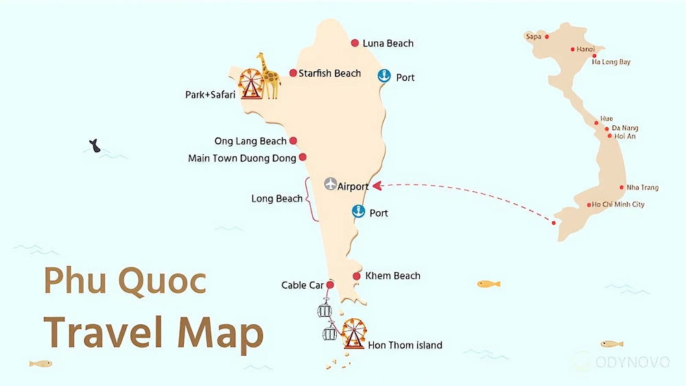 Thom Island is located in the South of Phu Quoc Island, in An Thoi Ward, Kien Giang 